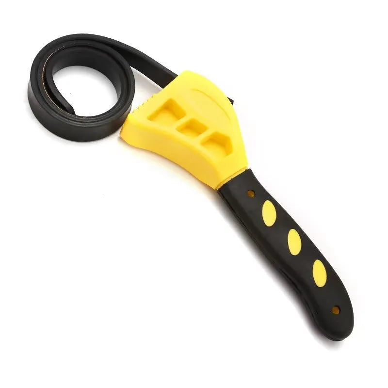A 6-inch and 8-inch adjustable rubber strap wrench set with a black rubber strap and plastic handle.
