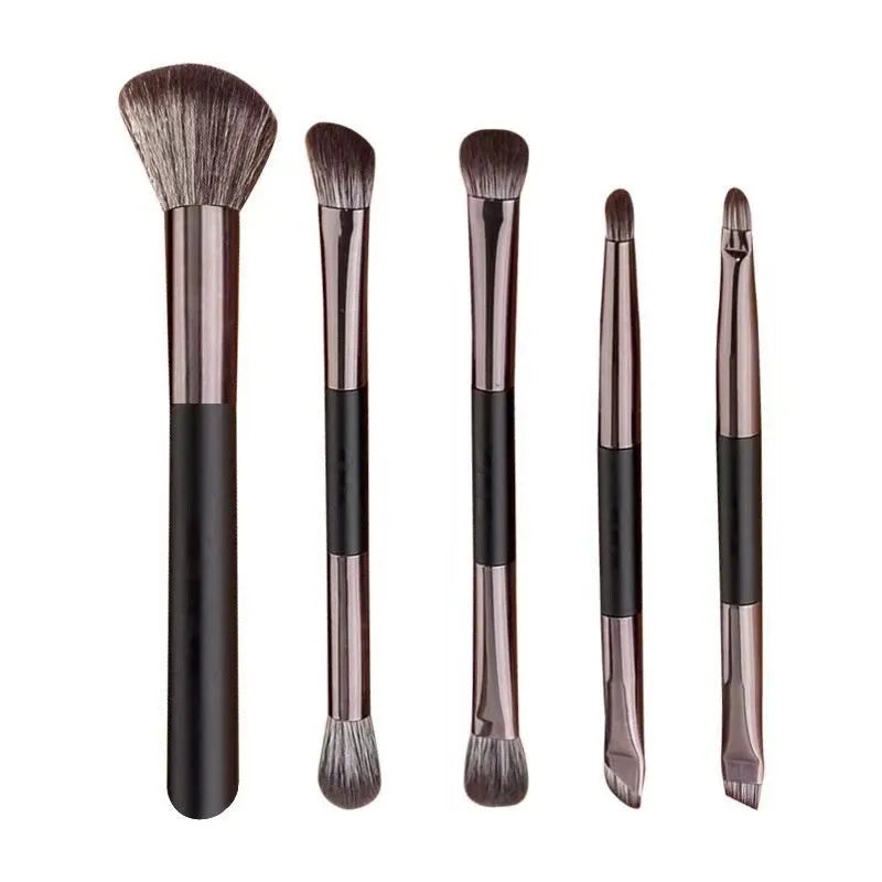 Multifunctional makeup brush suit with mirror showing artificial fibre brushes in silver or gold handles