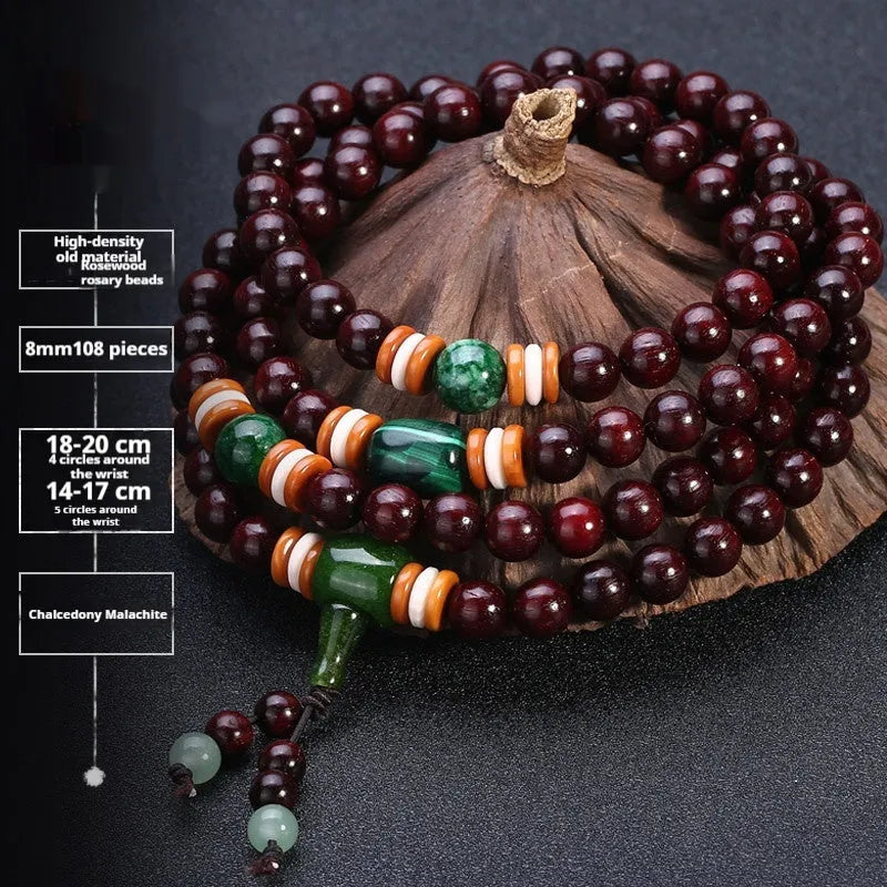 Men's rosewood bead bracelet with 108 beads, shown in a choice of lapis lazuli, turquoise, or red agate styles.