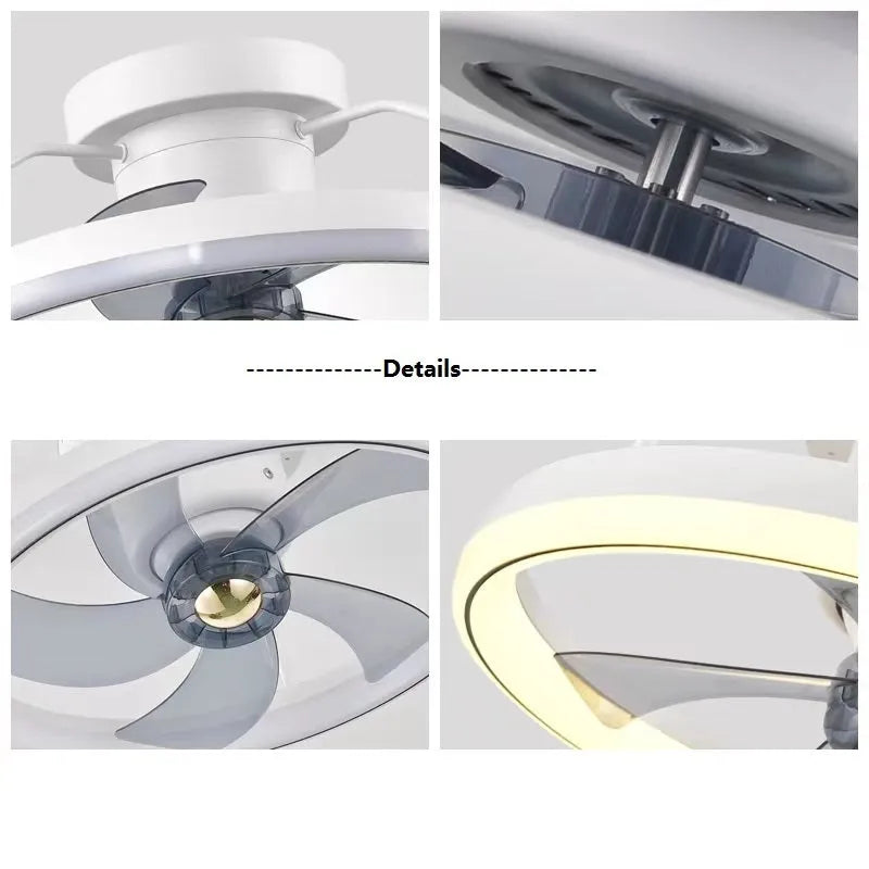 Modern ceiling fan light with white PC blades and acrylic lampshade showing 500mm diameter