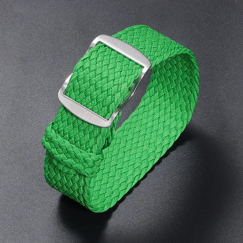 Woven nylon watchband in beige, 20mm width, with canvas-style finish on white background