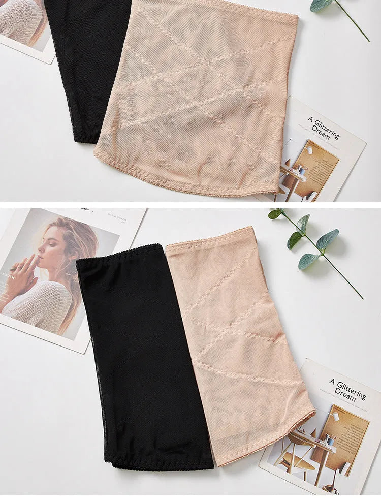 Black mesh postpartum belly band with a cross-waistband design for tummy slimming.
