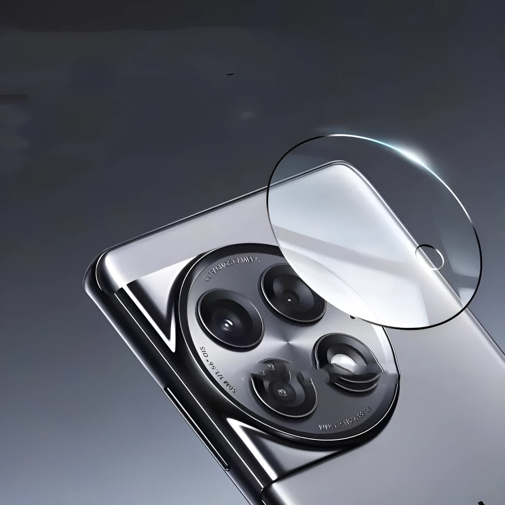 Tempered glass lens protector with black ring for OnePlus 12, Find N3, and OnePlus 11 phones.