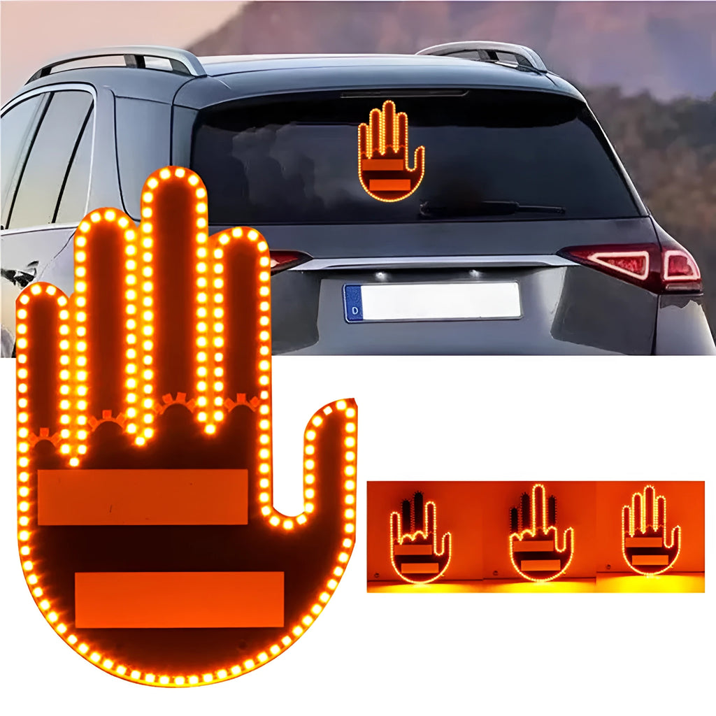 Black plastic LED gesture car light with amber LEDs showing a hand gesture, remote control, and 3M tape for mounting.