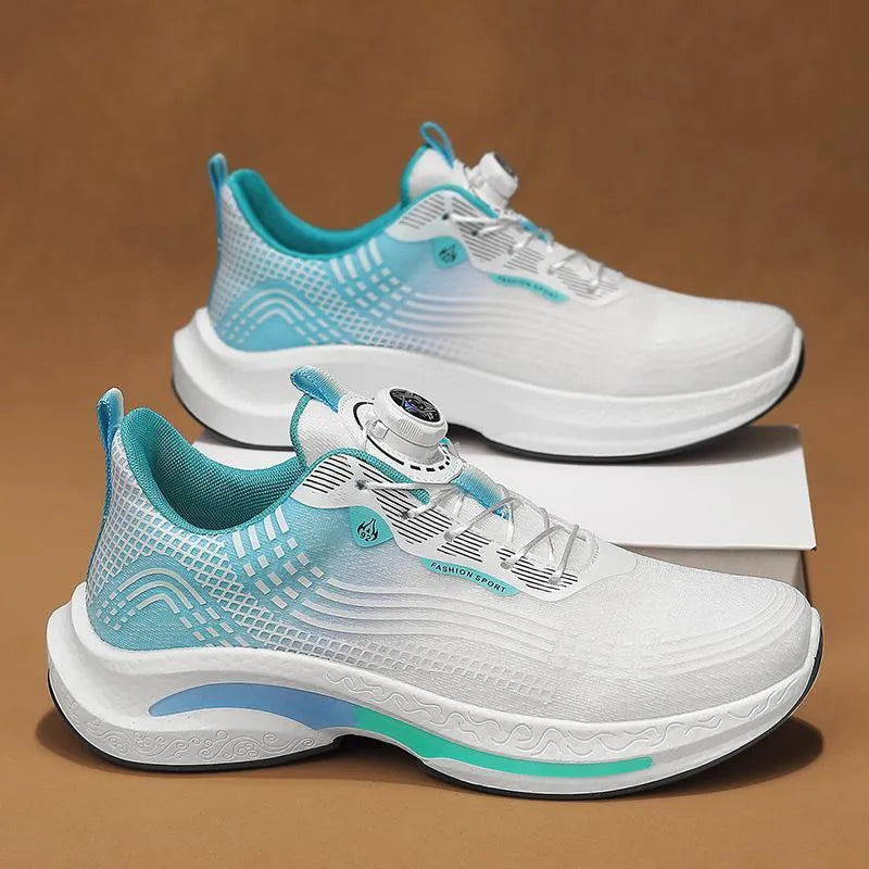 Men's white and blue mesh sneakers with rotating buckle closure and rubber sole