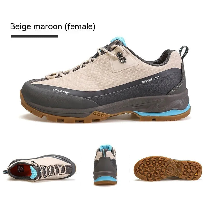 Low-top hiking boots in various colours with non-slip rubber soles and leather mesh upper