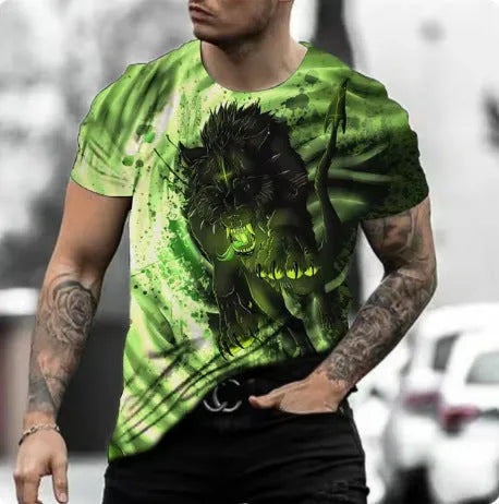 Man wearing a short-sleeved grey T-shirt with a detailed retro-style 3D animal graphic print on the front.