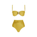 Women's high waist split bikini swimsuit in nylon fabric shown in green and yellow colour options