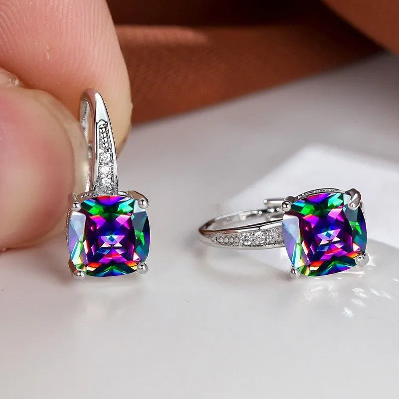 Square zircon inlaid geometric ear hook earrings in a gold electroplated finish
