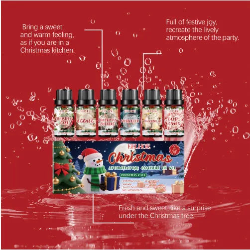 Christmas aromatherapy oil set showing six 60ml bottles for holiday home fragrance