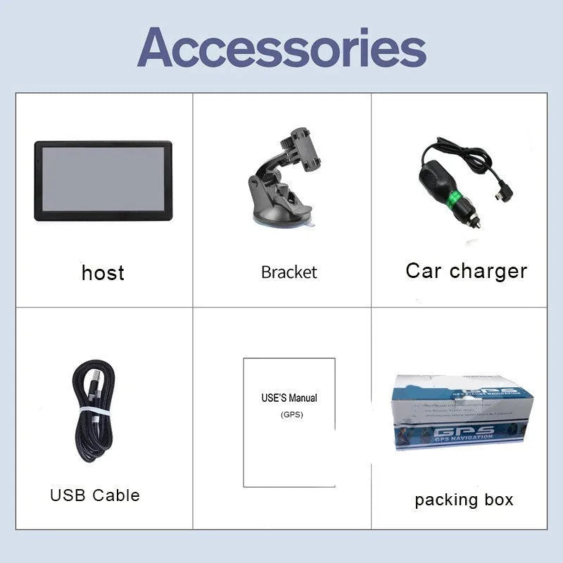 7-inch portable car GPS navigation device with touchscreen and mounting bracket