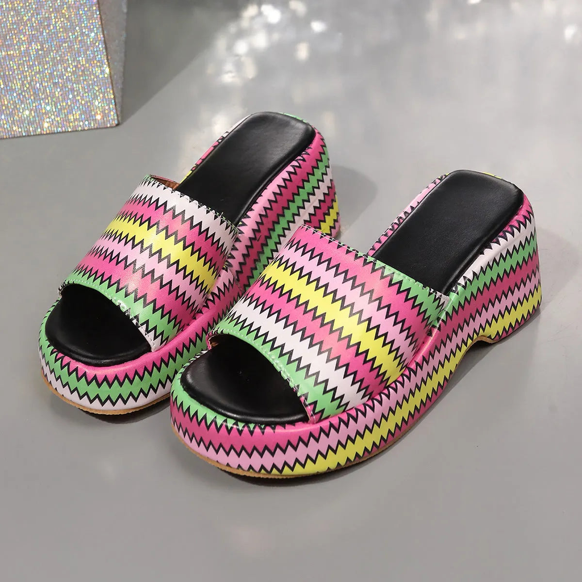 Women's wave print wedge sandals with thick rubber soles and fish mouth toe in beige, blue, or pink