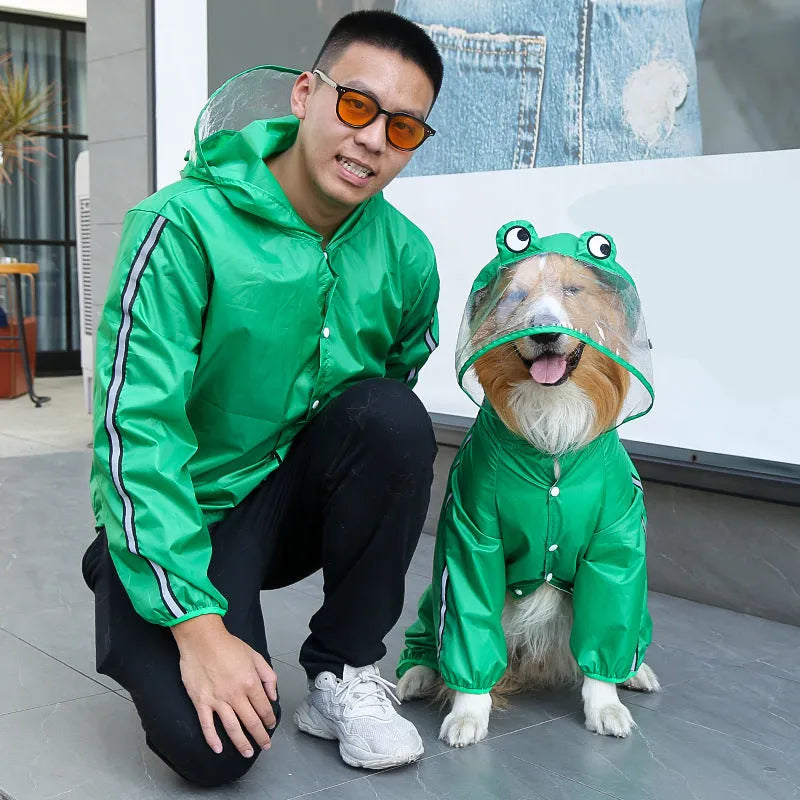 Four legged pet raincoat in green plastic waterproof material for dogs sizes XS to 7XL