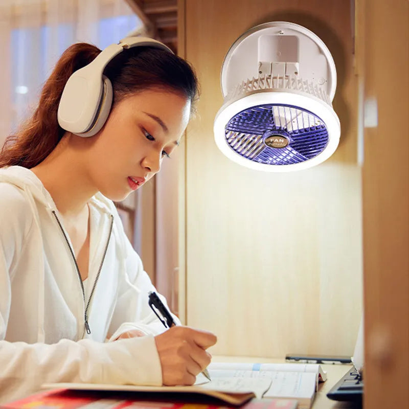 Blue or grey foldable USB fan with LED light showing desk and wall mounting options