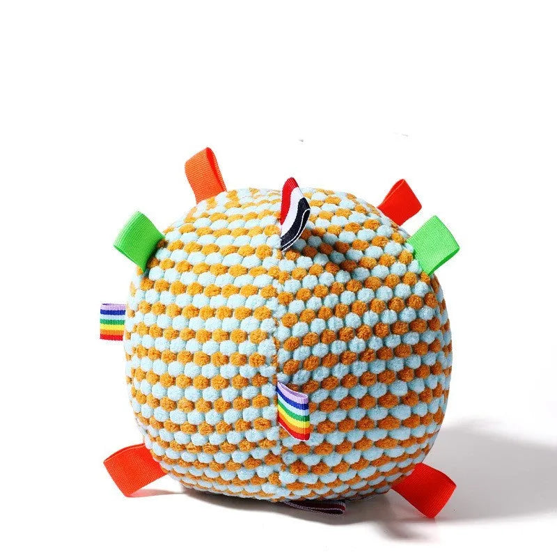 Blue pineapple lattice pattern rolling ball dog toy with squeaker measuring 17cm in diameter