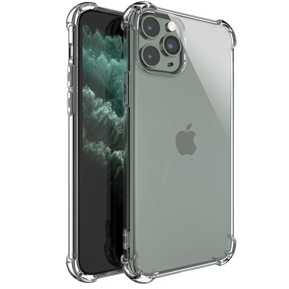 Clear transparent TPU shockproof phone case for Apple iPhone models on a plain background.