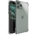 Clear transparent TPU shockproof phone case for Apple iPhone models on a plain background.
