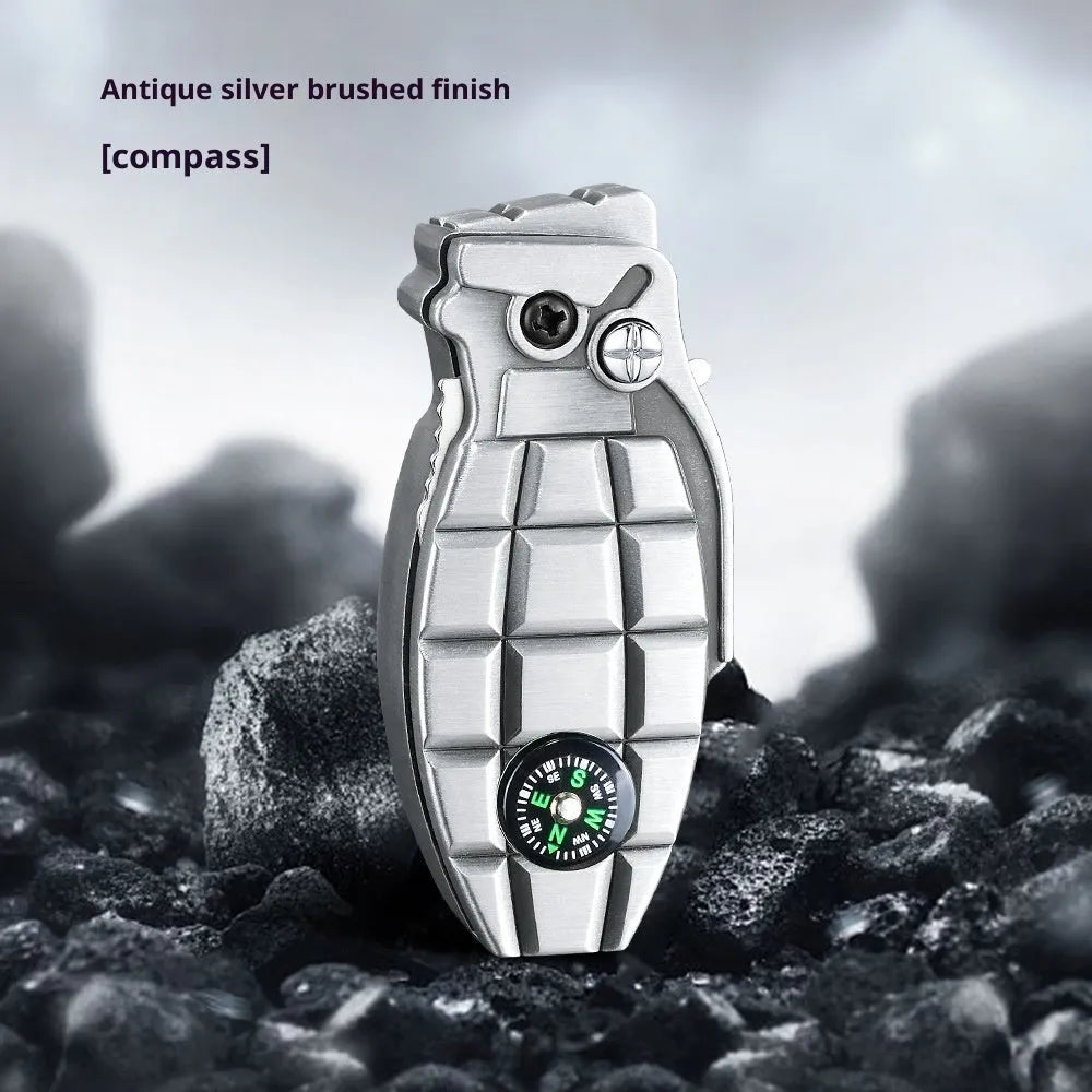 Grenade-shaped windproof metal lighter with knife, Antique Silver brushed finish