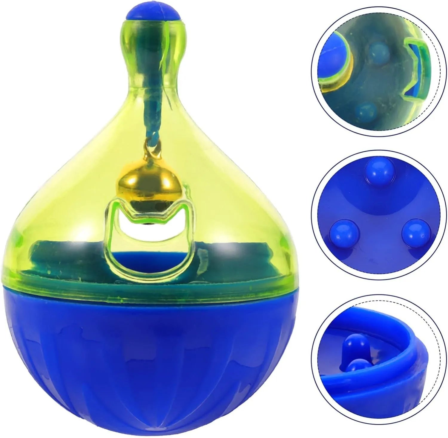 Blue tumbler-shaped interactive treat dispenser ball for dogs and cats on floor