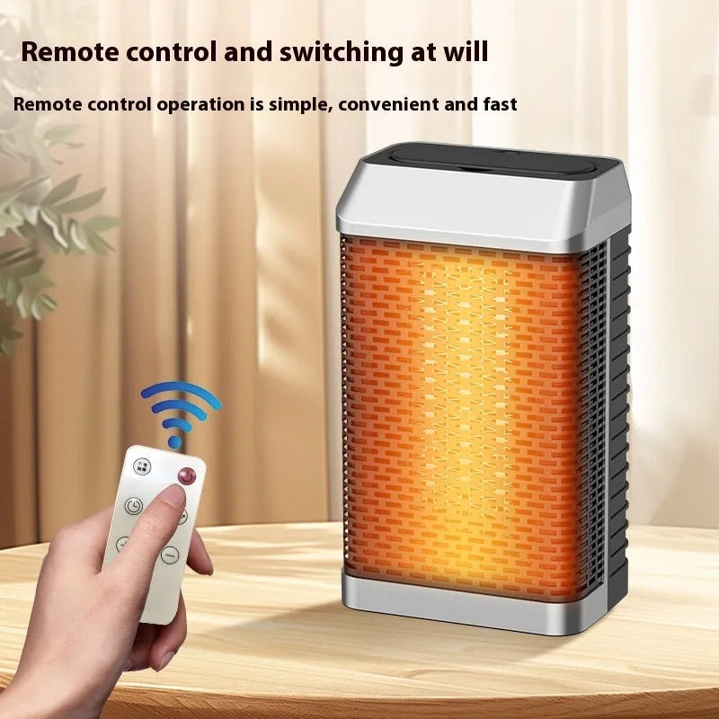 Black desktop smart heater with remote control showing dimensions 14.5x10x26cm