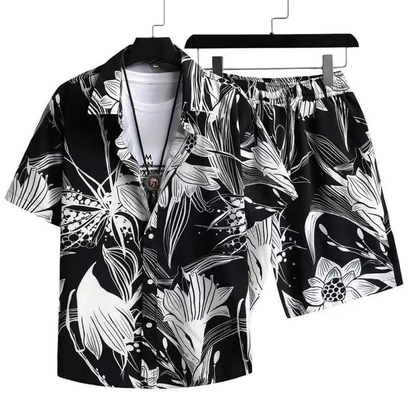 Man wearing a digitally printed short sleeve shirt and matching shorts from a casual suit set