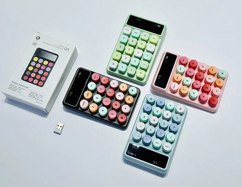 Mini portable wireless digital keyboard in macaron colour options on white background