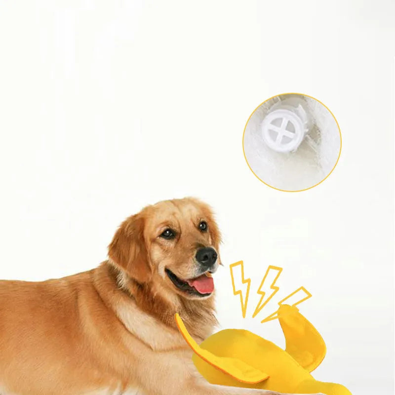 Yellow teddy bear dog toy with duck sound and treat compartments for training