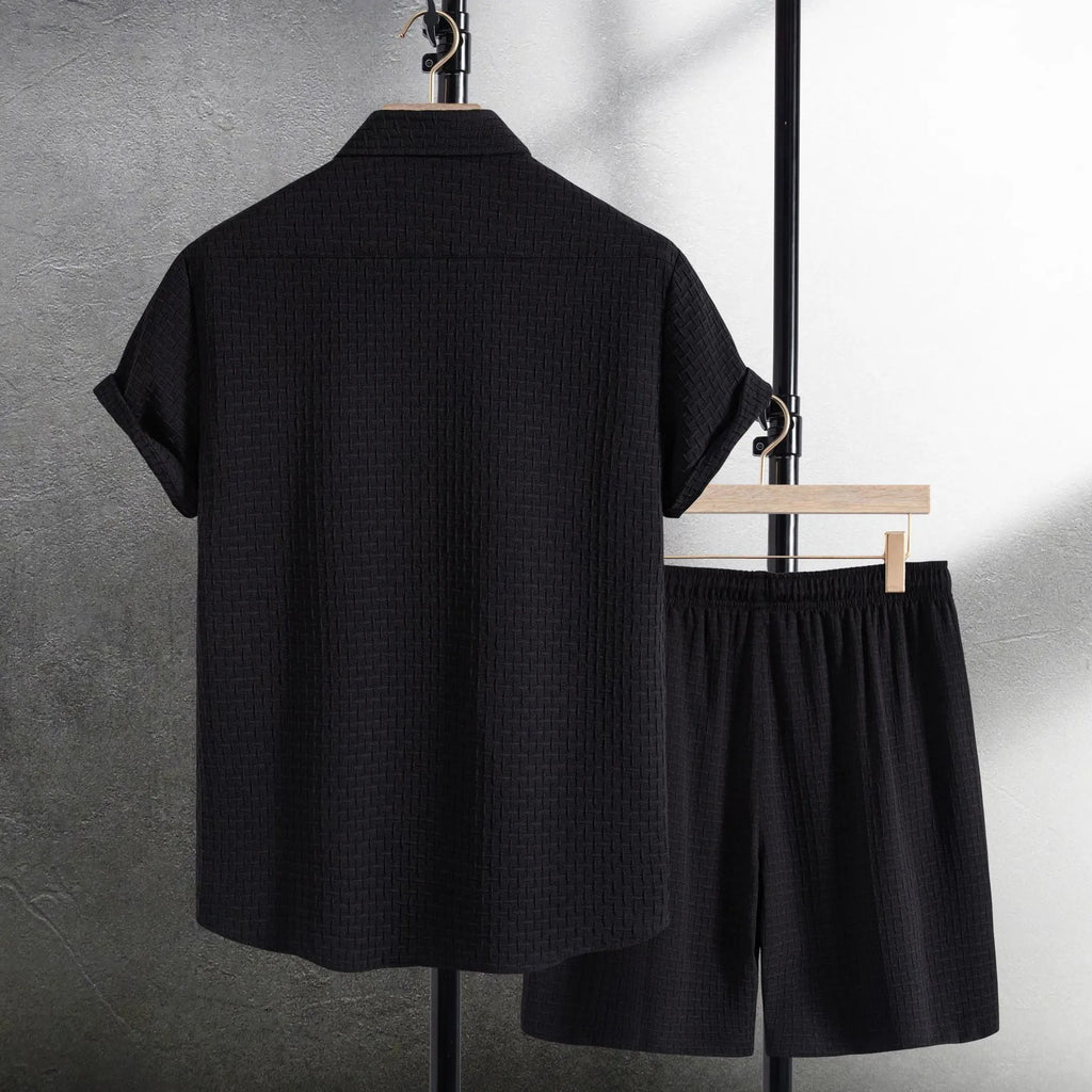 Men's beach shorts suit with matching short sleeve shirt and shorts in cotton blend fabric