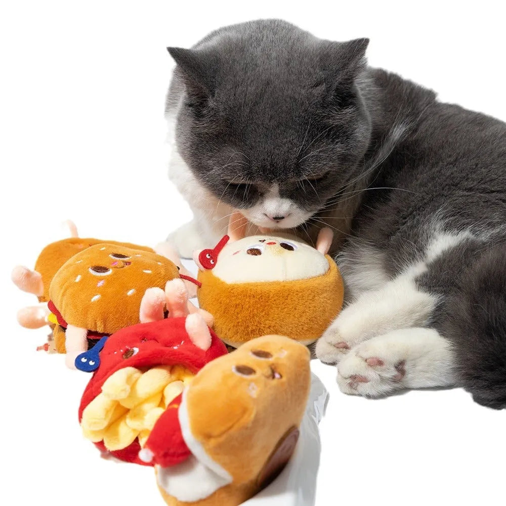 Set of five soft cat toys shaped like hamburger, chicken leg, fries, bread, and hot dog on a white background