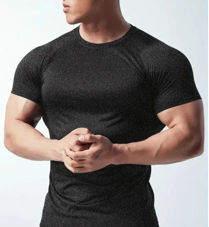 Men's quick-dry stretch running t-shirt in black, gray, green or pink with round neck and short sleeves