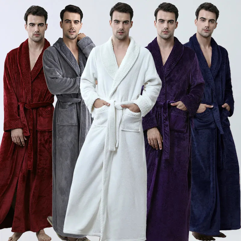 Men's winter coral fleece cardigan nightgown in gray, long sleeves, soft flannel knit for warm sleep