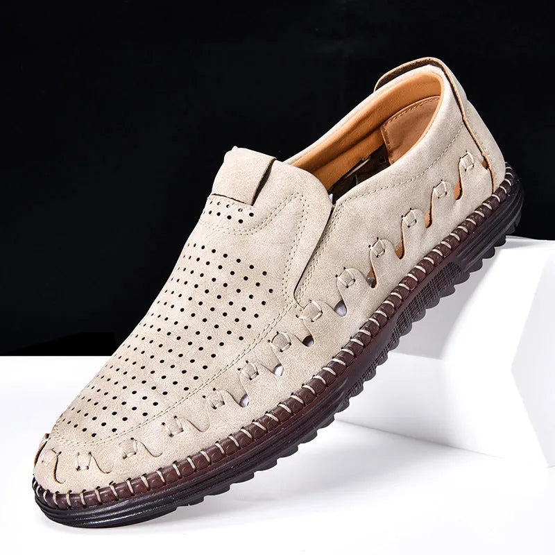 Men's brown casual slip-on shoes with round toe and flat PU leather upper.
