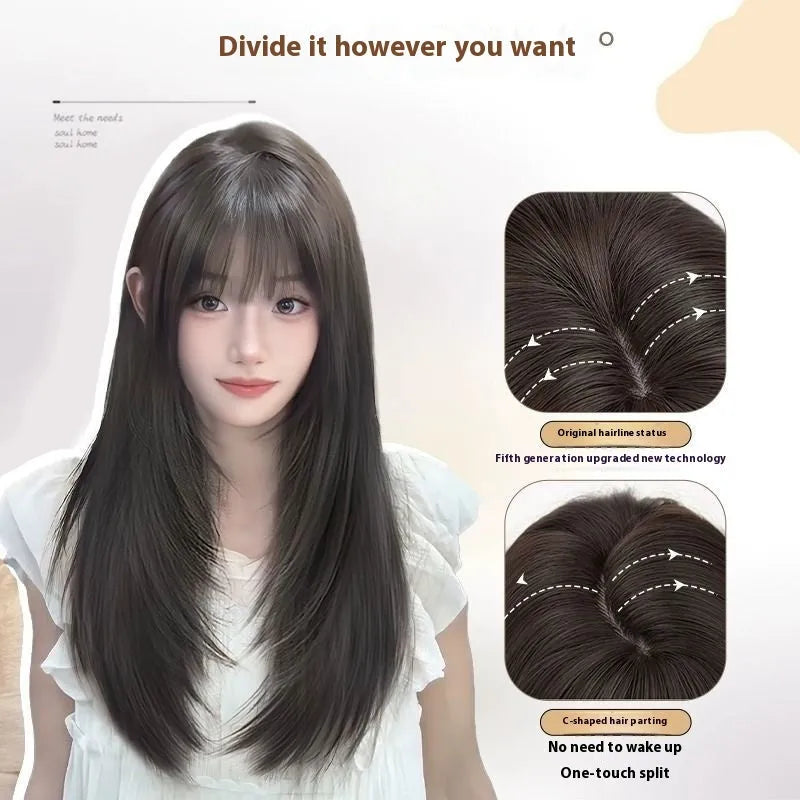 Women's full-head hair net wig in black long straight style with high layering and brown-black root colouration