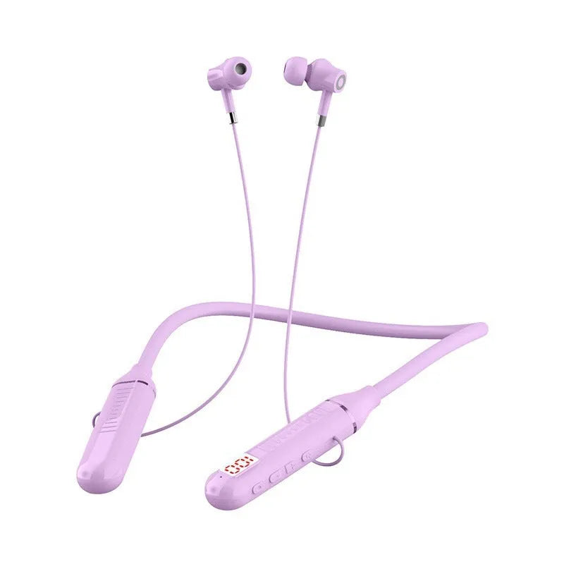 Wireless Bluetooth sports headset with neckband design and power display, shown in black colour option