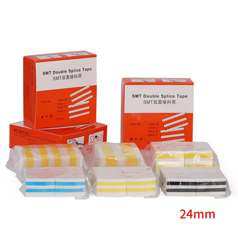 SMT double-sided splicing tape rolls in yellow, black, blue and gum colours showing 8mm, 12mm, 16mm, 24mm width options