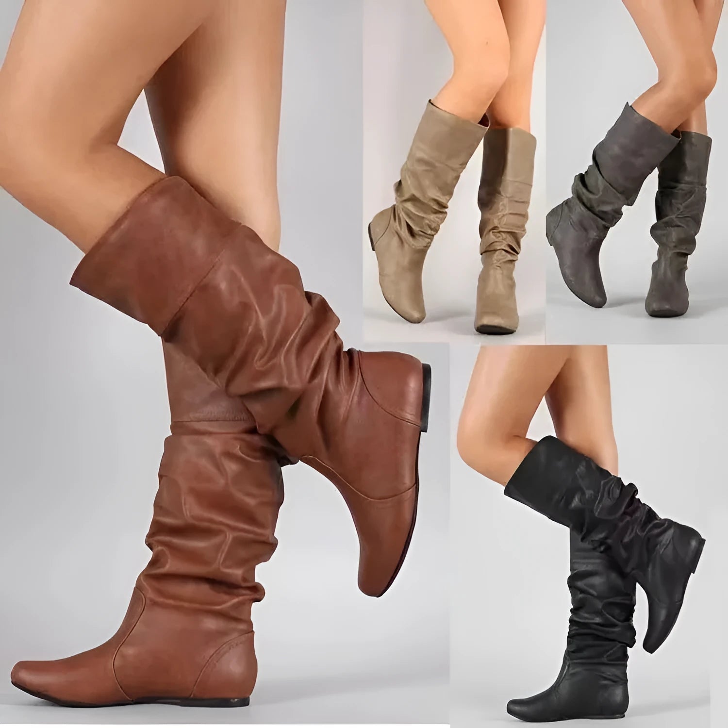 Women's flat ankle boots in black with a round toe and slip-on design on a rubber sole.