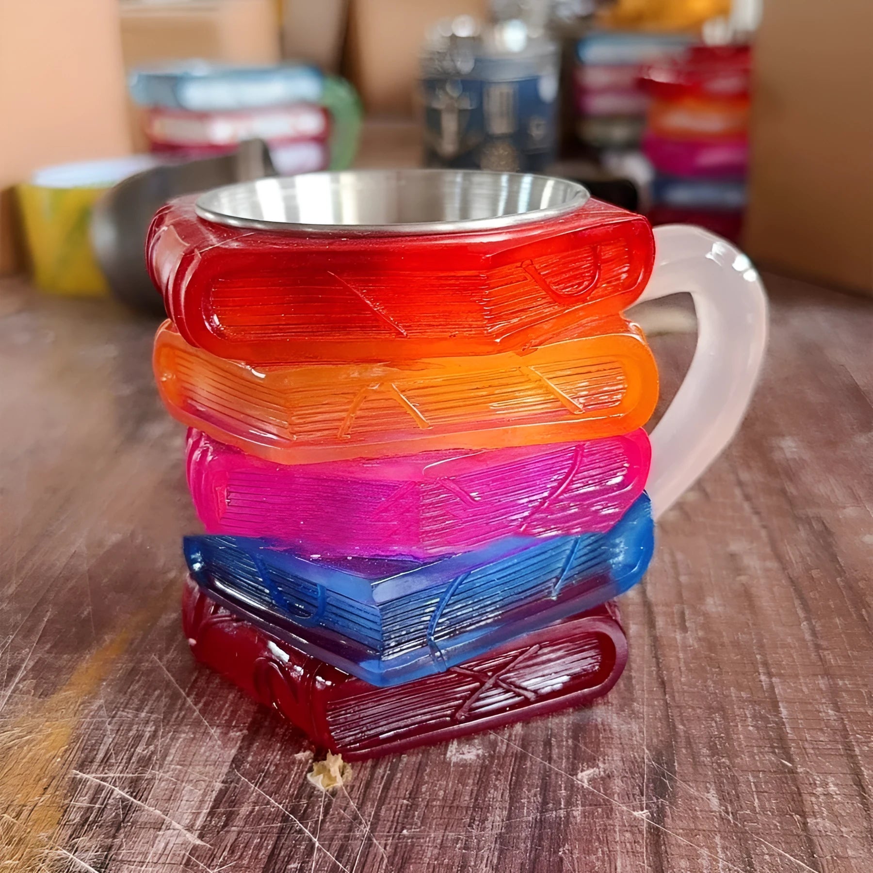 Resin craft coffee cup with painted bookmark decoration, synthetic resin construction