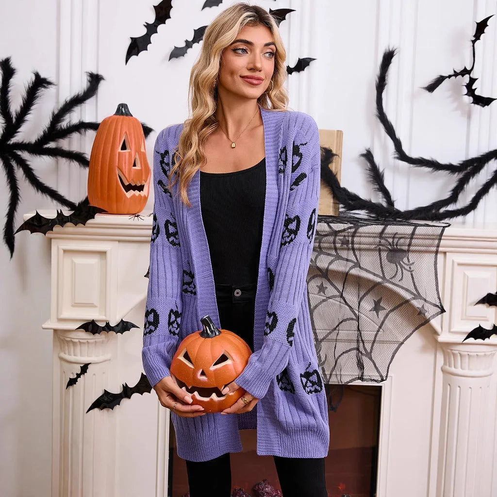 Women's black Halloween cardigan with knitted pumpkin head pattern, straight fit with regular sleeves