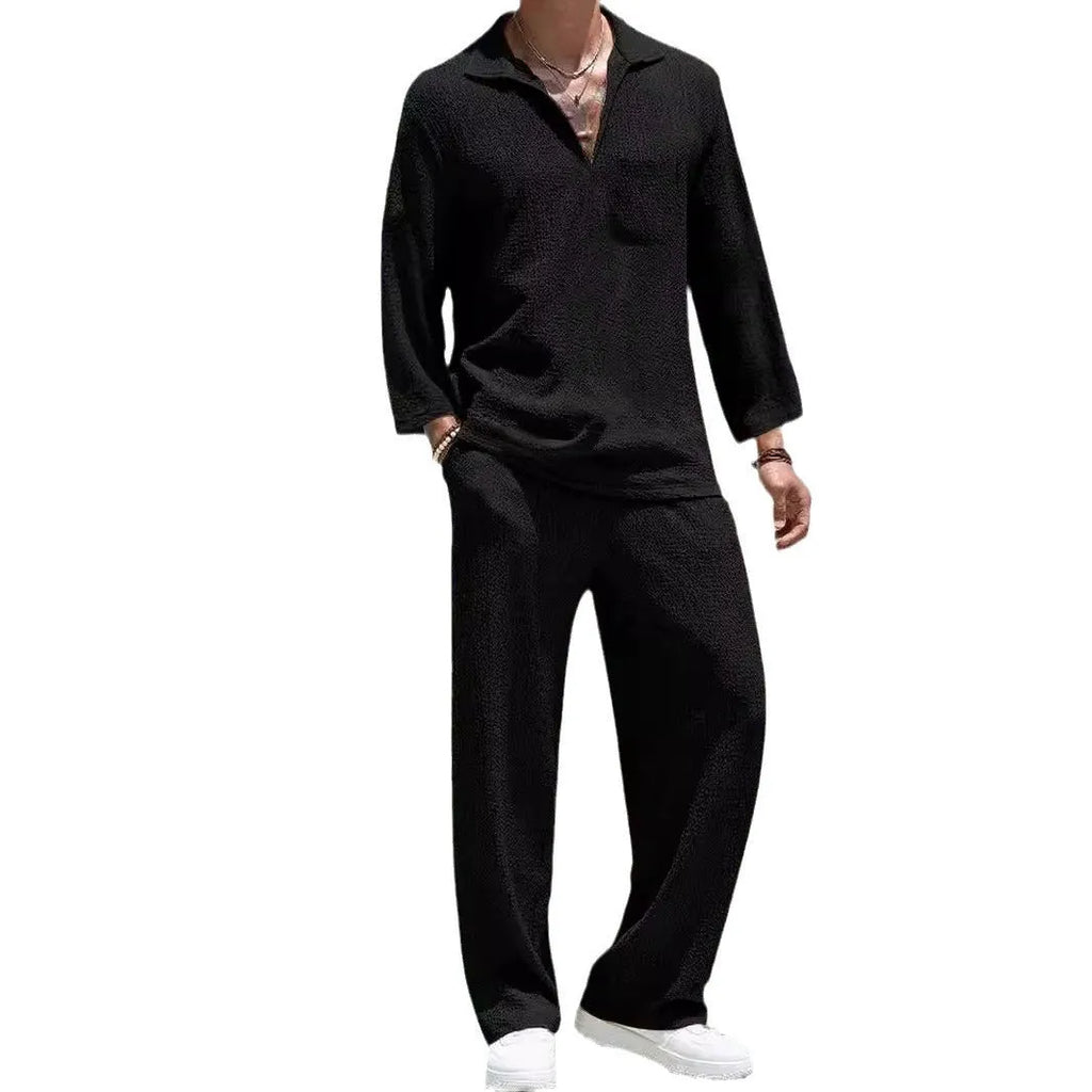 Men's casual polyester commuter suit with shirt and trousers in lake blue, khaki, black, or caramel colours