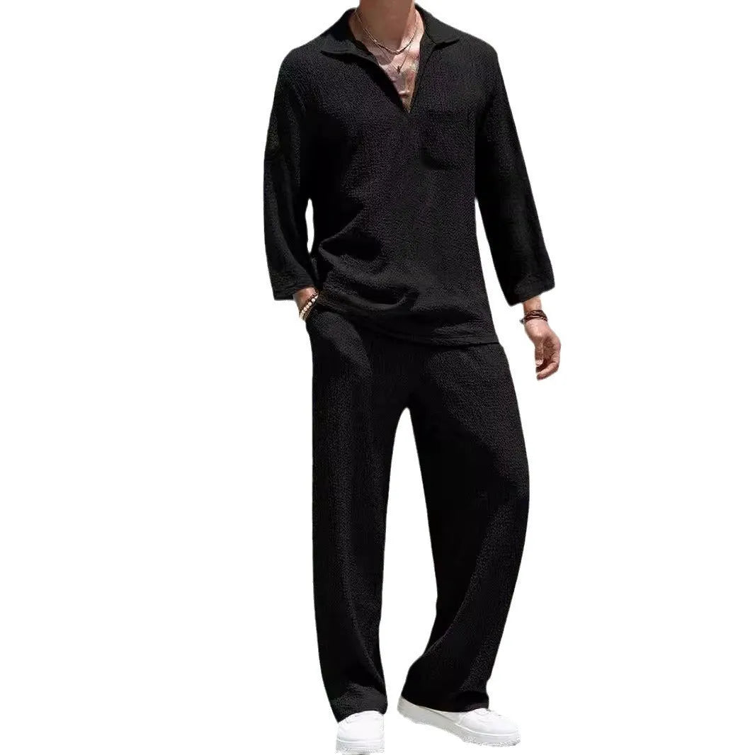 Men's casual polyester commuter suit with shirt and trousers in lake blue, khaki, black, or caramel colours