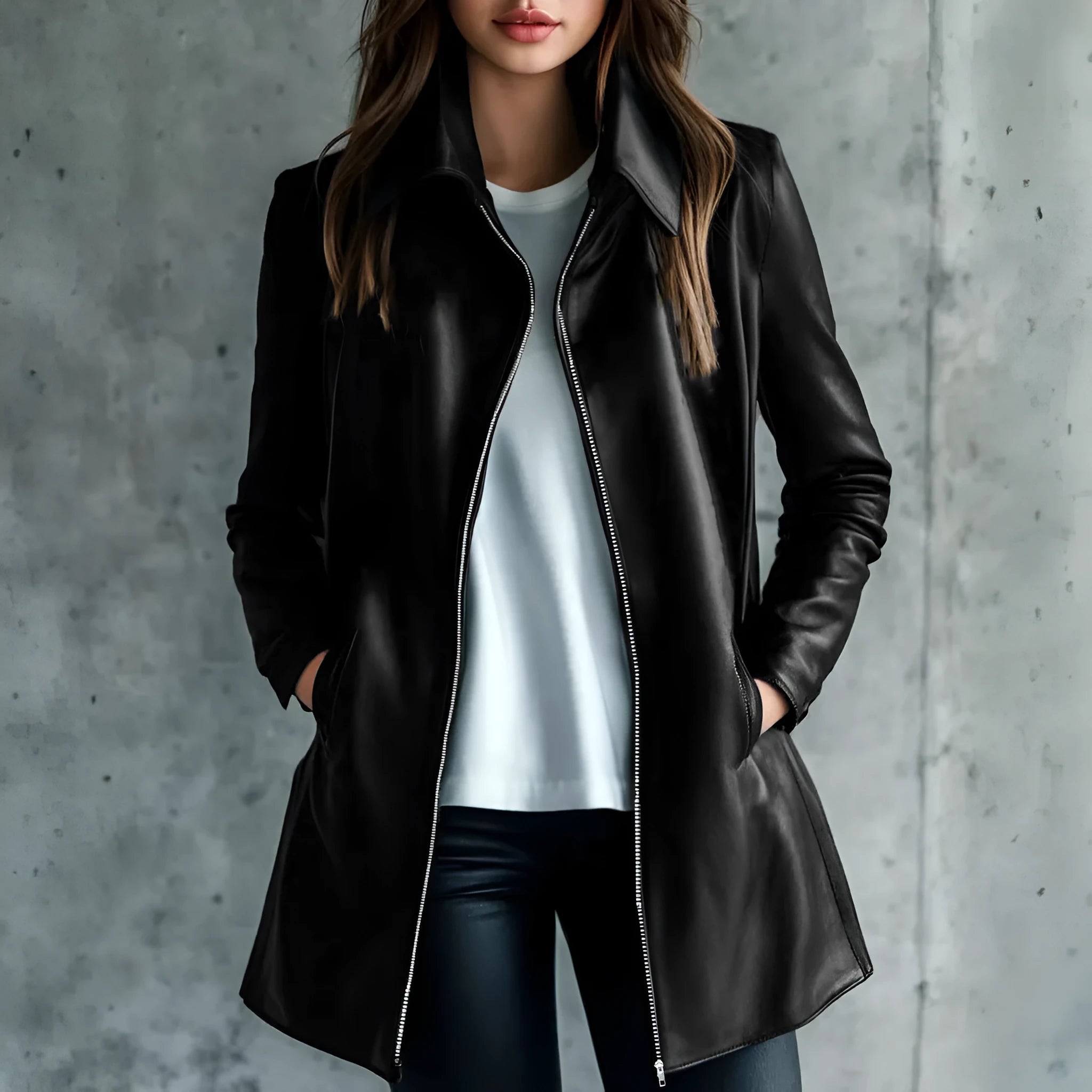 A black medium-length women's leather jacket with long sleeves, laid flat.