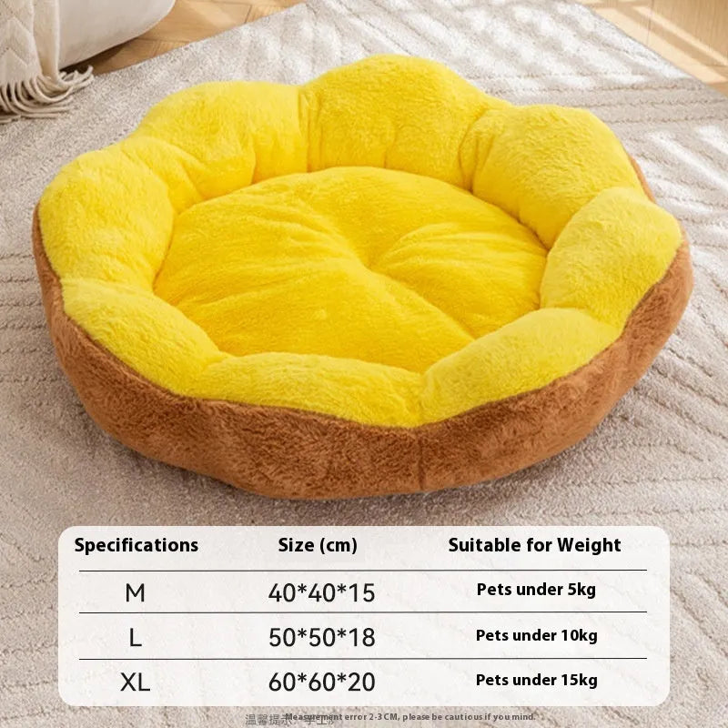 A thick rabbit plush round nest cat bed in a brown gray colour, shown with a detachable section.