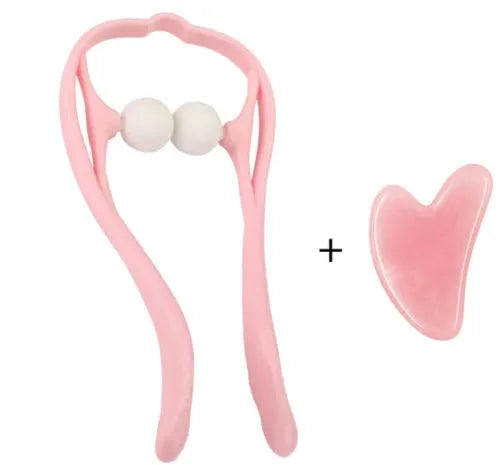 Blue plastic neck massager with hand roller and bracket for pressure point therapy on neck and shoulders