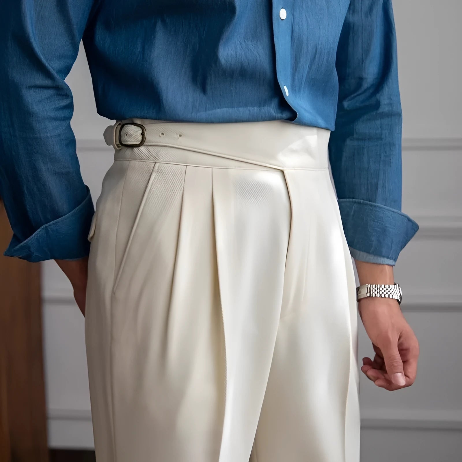 Men's high waist straight leg casual trousers in black polyester fabric for leisure wear.