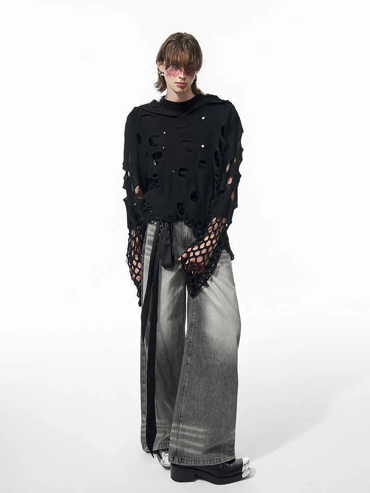 Black men's hoodie with hollow hood and pearl decoration showing loose fit