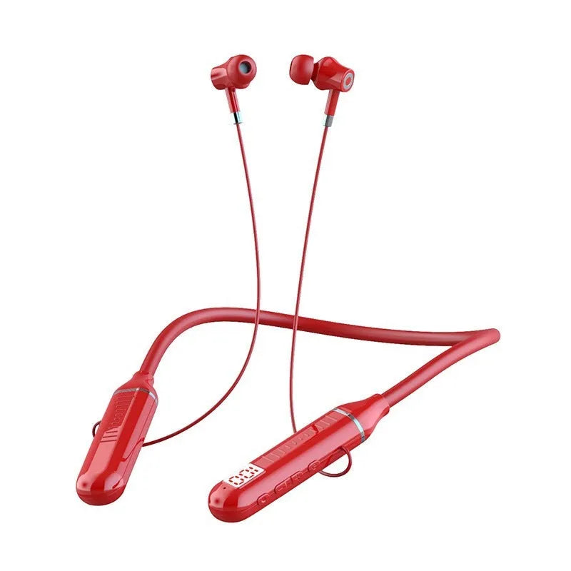 Wireless Bluetooth sports headset with neckband design and power display, shown in black colour option