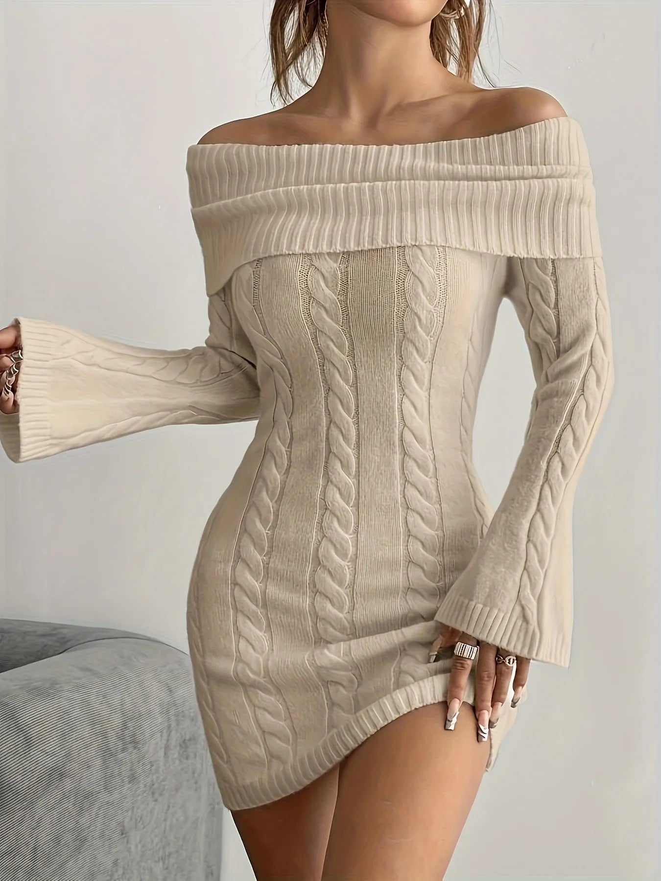 Women's polyester sweater dress with ribbed pencil skirt, boat neck, flared long sleeves, elastic waist, in khaki