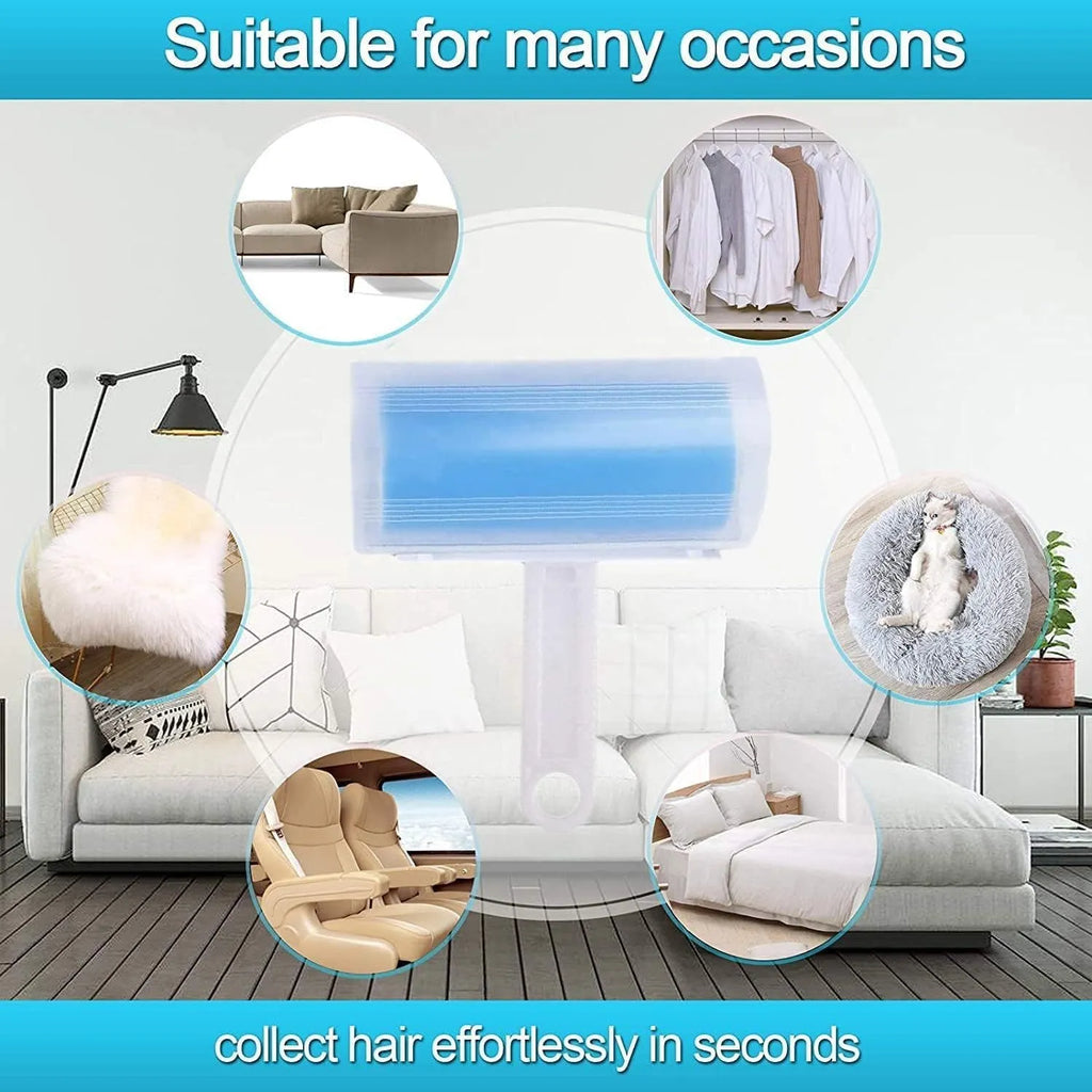 Washable reusable lint roller for pet hair removal in blue, green, pink, or yellow with cover.