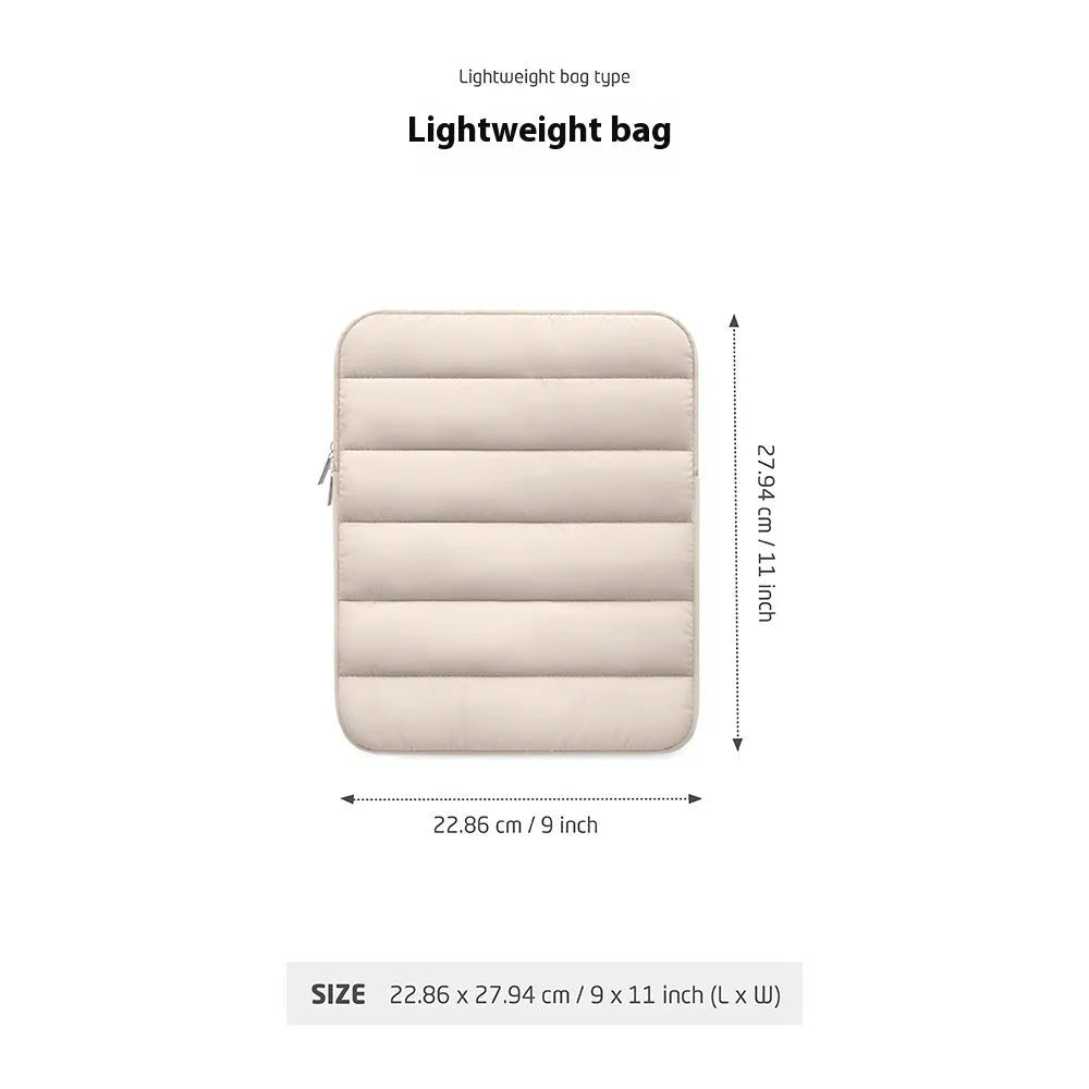 Puff bag laptop sleeve with elastic sides in black, khaki, or silver for 9.7-11 inch devices