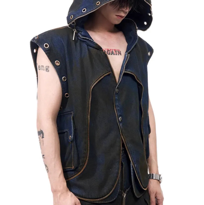 Blue hooded denim vest coat and matching trousers two-piece Korean style outfit
